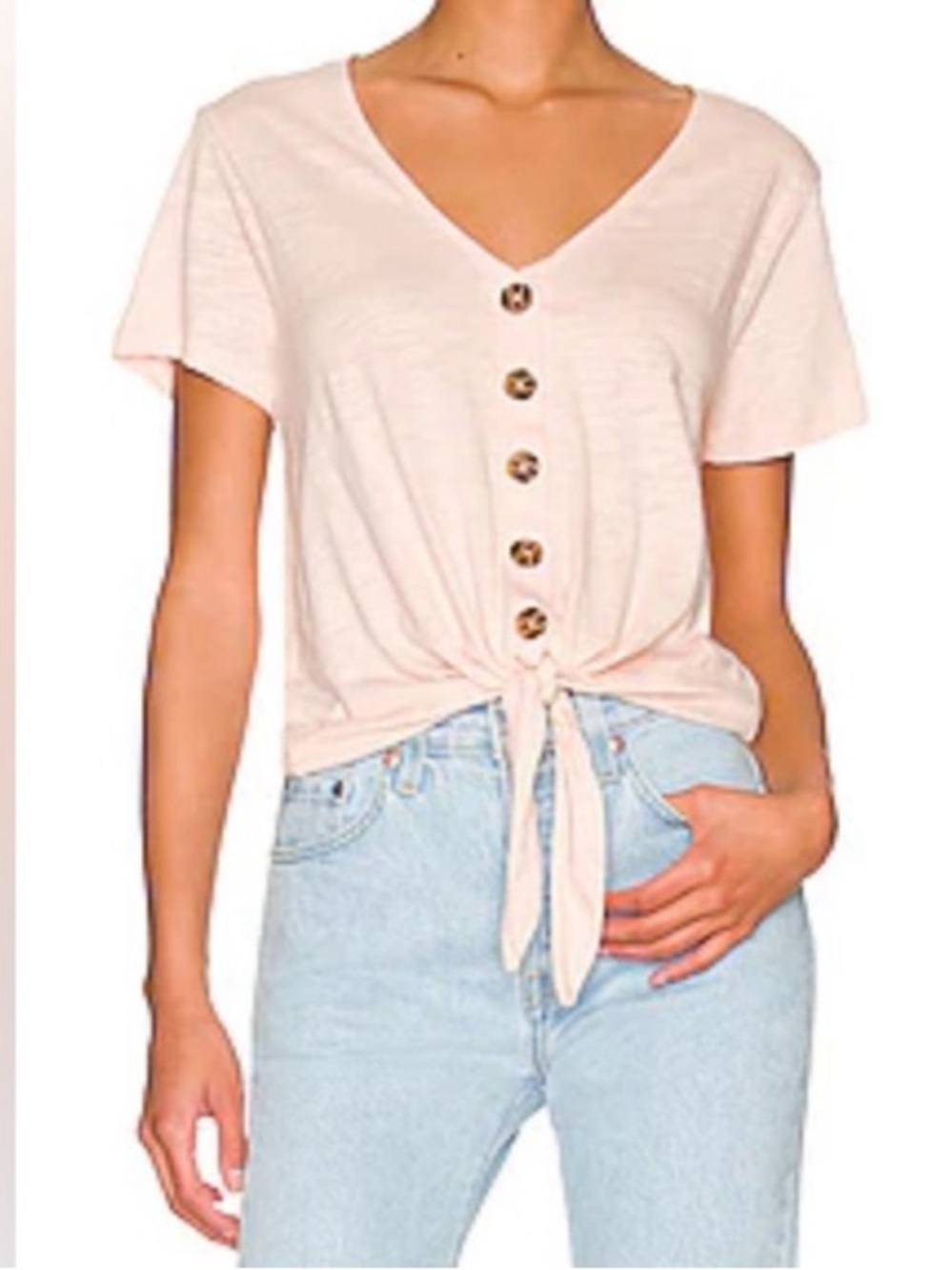 Anthropologie Sanctuary Pale Pink Button-Front Tie Hem V-Neck Top